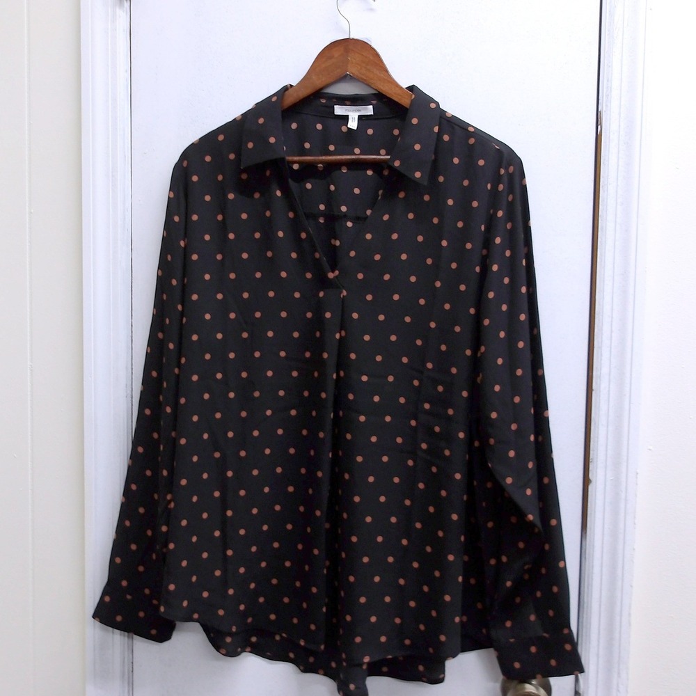 Black Polka Dot Collared Long Sleeve Shirt Women XXL Business Casual / #1329